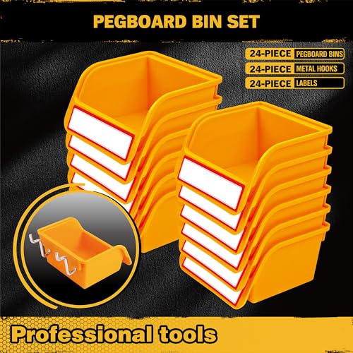ELEAD Pegboard Bins Organizer Set 24-Pack - Durable Storage Tray for Screws, Nuts, Bolts, Hardware, Crafts, Accessories | Fits Standard Pegboards | 24 Labels for Garage Workshop Craft Room