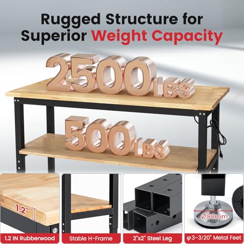ENJOYWOOD Work Table for Garage 60 Inch Workbench with Storage Adjustable Height Rubber Wood Tabletop Work Bench with Power Outlets Pegboard Pad for Cutting Wood Shop Woodworking Home Office