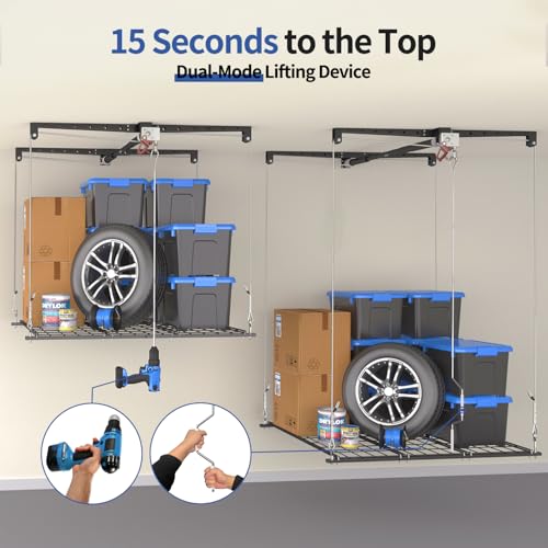 KOKORACKER Overhead Garage Storage Lift, Adjustable Heavy-duty 4x4 Ft Ceiling Racks with Safety Lock, Ideal for Storage Lifting Organization System, 250lbs Capacity
