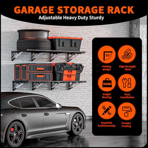 Lamorland Heavy Duty Foldable Garage Storage Shelves Wall Mounted Metal Rack Unit Organizer with Removable Edge Barriers, Adjustable System for Corner Wall Use, 52.76 Inch Long 24.45 Inch Large