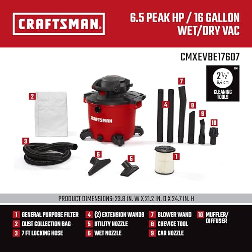 CRAFTSMAN CMXEVBE17607 16 Gallon 6.5 Peak HP Wet Dry Vac with Detachable Leaf Blower, Portable Shop Vacuum Wet and Dry with Filter, Dust Bag, Hose and Attachments for Garage, Outdoor Cleaning