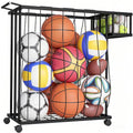 Multi-Sport Ball Storage Cart with Side Basket for Gloves & Tennis; Gravity-Access Elastic Straps for Kids; Rolling Garage Organizer Rack for Basketballs, Soccer & Yoga Mats - Multi-Athlete Families