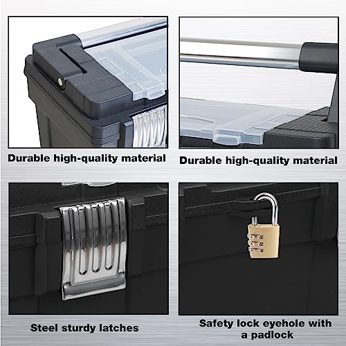 TCE ATRJH-9019U Torin 18-Inch Plastic Tool Box Organizer & Durable Tool Storage Box: Portable Removable Tray and Alum Alloy Handle Tool Box with 2 Metal Snap Lock for Enhanced Security, Black