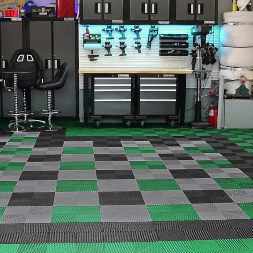 VEVOR Interlocking Drainage Mat, 50 Pcs Modular Interlocking Cushion, 12” x 12” Splicing Drainage Mats, Non-Slip PP Drainage Floor Tile and Shower Mat, for Garage, Garden, Kitchen & Outdoor, Green