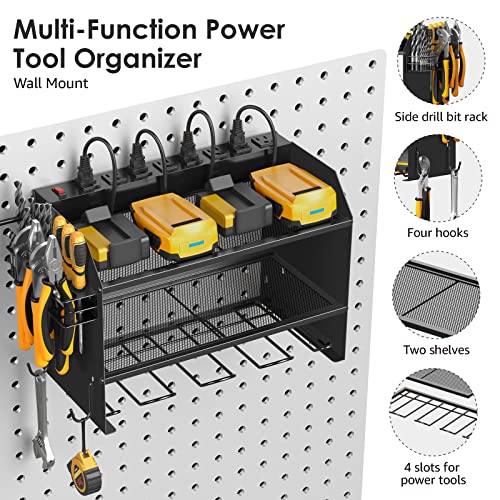 CCCEI Modular Power Tool Organizer Wall Mount with Charging Station. Garage Drill Storage Shelf with Hooks, Heavy Duty Rack, Tool Battery Holder Built in 8 Outlet. Gift for Men. Black, 1 Pack.
