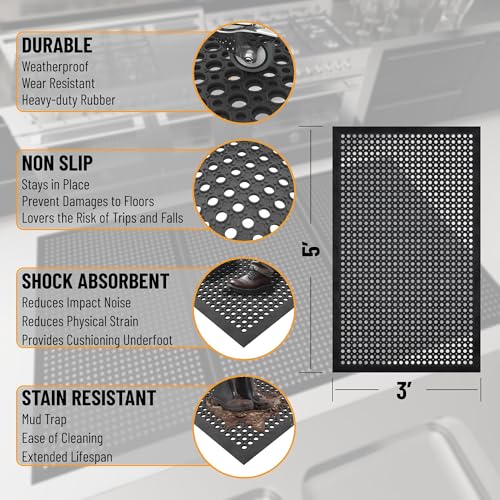 Ottomanson Heavy Duty Rubber Floor Mat – Non-Slip, Waterproof, Easy to Clean – Anti-Fatigue Mat for Commercial Kitchens, Restaurants, Workshops – Oil Resistant, Hose Washable – 36" x 60", Black