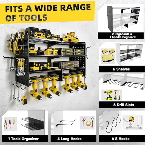 Power Tool Organizer Wall Mount, 4 Tier Heavy Duty Tool Storage Rack, 400 LBS Capacity with Drill Tools Holder & Hooks, Tool Organizers and Storage for Garage, Warehouse, Workshop, Gifts for Men