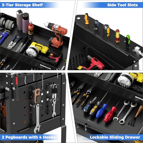 Goplus 3 Tier Rolling Tool Cart with Lockable Drawer, Heavy Duty Metal Utility Cart on Wheels with Pegboards & Hooks, Mechanic Tool Storage Organizer for Garage, Warehouse & Workshop (Black)