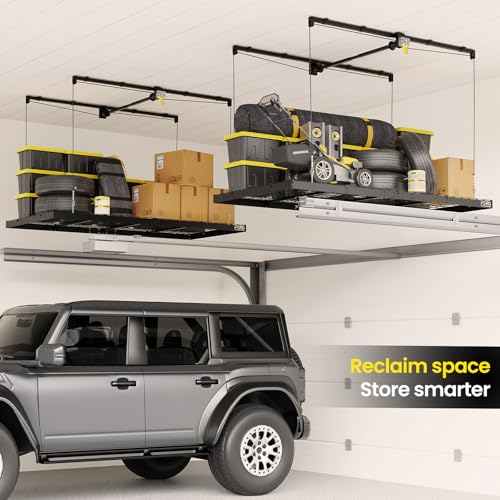 FERO Overhead Garage Storage Rack 4x8, 500 lb Heavy-Duty Capacity, Ceiling Mounted Storage Lift with Safety Lock, Drop Down Overhead Storage System, Garage Ceiling Hoist Organizer