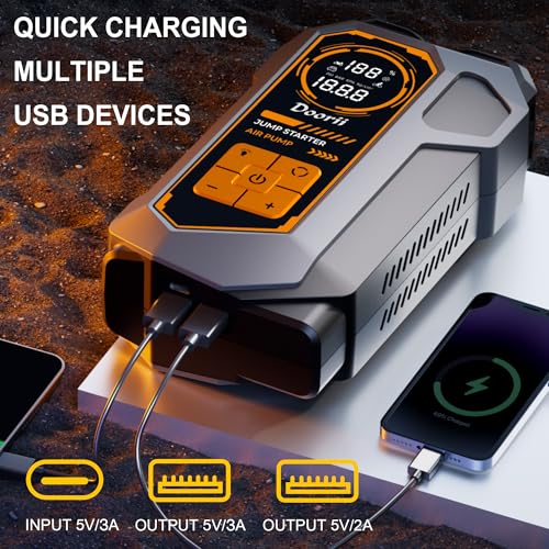 Doorii 6000A Jump Starter with Air Compressor, 10-in-1 Car Jumper Starter Portable, 150PSI Tire Inflator/Air Pump, LED Flashlight for Up to 10.0L Gas / 8.0L Diesel Engines