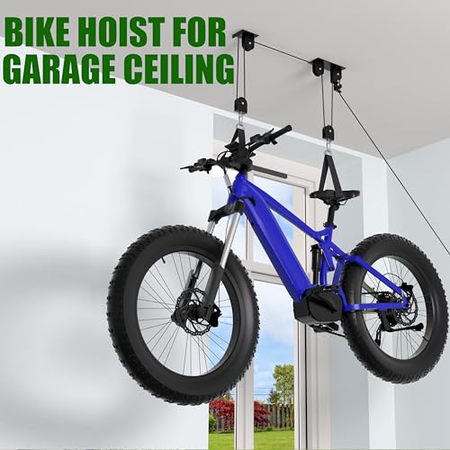 ZEUMIE Bike Hoist, Ceiling Mount Bike Hanger Holds 100 lbs, Ebike Lift Garage Overhead Storage for Bike, Ladder, Snowdoard