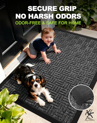 Mibao Front Door Mat, Heavy Duty Durable Welcome Mat for Outdoor Indoor, Dirt Trapper Waterproof Super Absorbent Door Mat for Entryway Outside Patio Porch, 29.5" x 17", Grey
