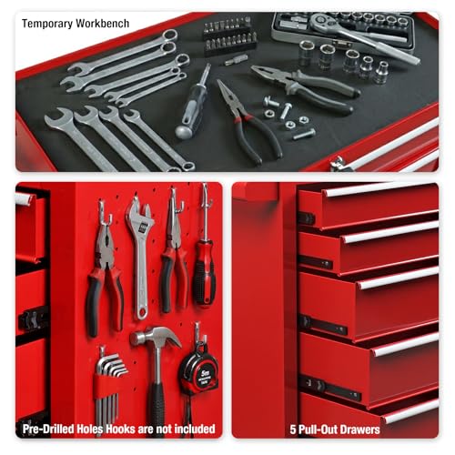 YELLOW JACKET Rolling Tool Chest 5 Drawers, Portable Tool Storage Cabinet with Wheels, Tool Cabinet Organizer with Locking System & Drawer Liners, Tool Storage Cart for Garage, Workshop, Red