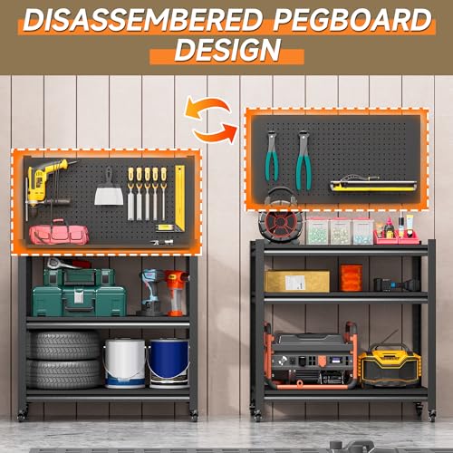 TOPASS Workbench with Pegboard, Adjustable Heavy Duty Work Table with Wheels, Heavy Duty Workstation, Metal Tool Work Bench for Garage Warehouse Workshop, 48" H x 18" D x 34" W, Black