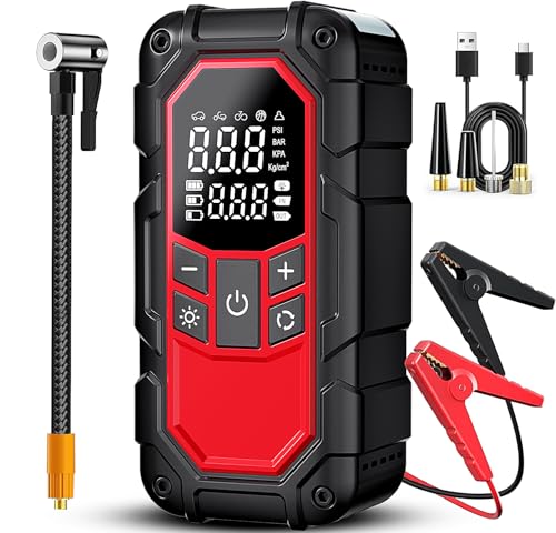 Jump Starter with Air Compressor,Car Battery Jump Starter (9.0 Gasoline/6.5L Diesel) with 150PSI Digital tire inflator Portable,12V Power Pack Car Jump Box Charger with LCD Display, Lights