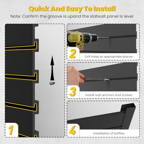 AQOVOR SlatWall Paneling 4x2 FT, PVC Slat Wall Panels with 8 Hooks Heavy-Duty Garage Organization System, Slatwall Pegboard Suitable for Home、Garage、Shop Wall Display & Organization (Black)
