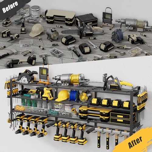 Jusgym Large 49''W Power Tool Organizer Wall Mount |650lbs Tool Garage Storage Rack with 12 Cordless Drill Holder |4-Tier Heavy Duty Garage Organization |Fathers Day Dad Gifts for Men