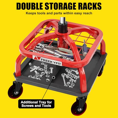 FreekyFit Rolling Stool with Red Wheels, Heavy Duty Garage Work Mechanic Rolling Shop Stool with Backrest, Adjustable Height 360°Swivel Roller Mechanic Chair with 2 Tool Trays, 330 LBS Capacity