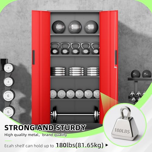 Bonusall 72" Metal Garage Storage Cabinet - 900lbs Heavy Duty Steel Cabinet with 3-Point Locking System & 4 Adjustable Shelves, Lockable Tall Storage for Garage, Office, Warehouse - Black & Red