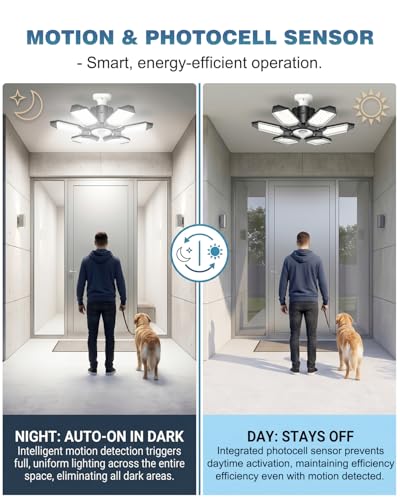 BRAINIAC Motion Sensor Garage Light with 3 Switch Modes, E26/E27 Screw in Garage Lights Ceiling LED Motion Activated for Garage/Shop/Porch-150W 15000LM 6000K