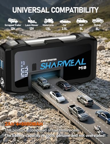 Sharmeal Jump Starter 6000A, 12V Car Battery Jump Starter (Up to All Gas or 10.0L Diesel Engine), Battery Booster with 3 Modes Flashlight and Jumper Cable