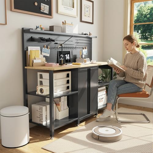 JFHID 60’’ Workbench and Garage Cabinet Storage System 2000LBS Heavy Duty Work Bench Table with Top Storage Panel Wrench Holder Hammer Rack Hooks Screwdriver Rack Charge Station Tool Organizer
