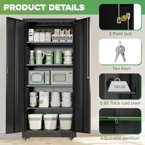 INTERGREAT 73" H Metal Storage Cabinet with Wheels, Locking Doors and Adjustable Shelves, Black Rolling Steel Tool Cabinet for Home Office, Garage, Warehouse