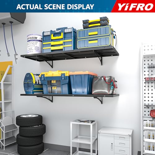 YIFRO 2-Pack 1.5x4ft Heavy Duty Garage Wall Shelving, 500 lbs Load Capacity, Garage Shelving Wall Mounted, Garage Storage Rack with Hooks, Black