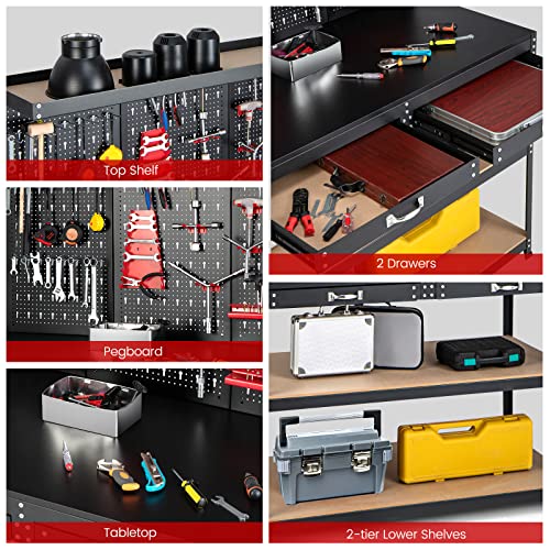 Goplus Work Bench with Storage, 48" x 24" Work Table with Pegboard, 2 Drawers, Hanging Accessories, Topping Space, 4-Tier Heavy Duty Metal Tool Storage Bench, Workbench for Garage, Workshop
