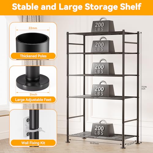 BolDuck 5 Tier Shelf Organizer Rack, Metal Shelving Unit with Adjustable Leveling Feet, Space-Saving Storage Shelves for Garage Closet Laundry Bathroom Kitchen Pantry, 33.07”Wx12.6”Dx72.04”H,Black