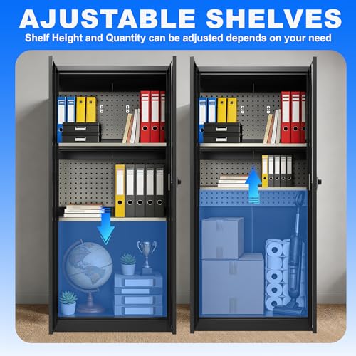 Marcree Metal Storage Cabinet with Digital Lock, 70" Tall Locker with Alarm System, Black File Storage Cabinet with Door and Adjustable Shelves, Pegboard, Hooks, Gun Rack for Home Garage Office