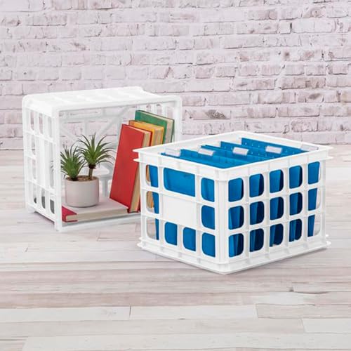 Sterilite Storage Crate, Stackable Plastic Bin Open Basket with Handles, Organize Home, Garage, Office, School, White, 6-Pack