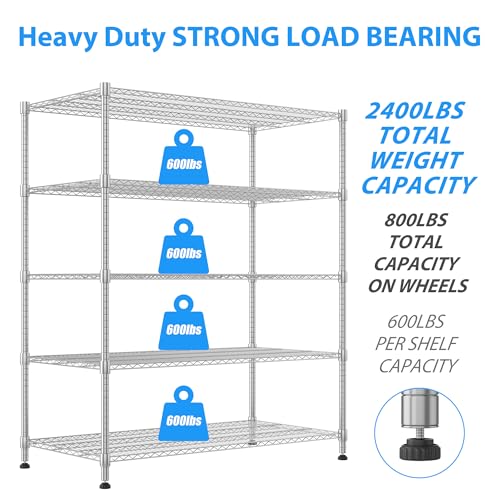 Homdox 5 Tier Heavy Duty Storage Shelves, Wire Shelving Unit with Wheels, Commercial Adjustable Metal Shelves for Storage, Garage Rack Pantry Shelves Kitchen Shelving, 24"x 60"x 82", Chrome