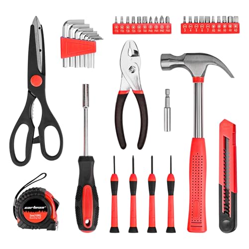 CARTMAN 39-Piece Home Tool Set Kit, Essential Household Hand Tools with Plastic Storage Case Red