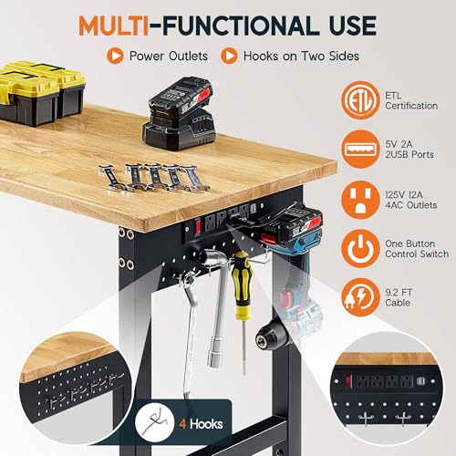 Albott 44x20 in Adjustable Workbench with Power Outlets, 2000 LBs Heavy Duty Wood Workbench with Hooks, Solid Rubber Wood Top for Garage, Workshop, Woodworking, Home Office