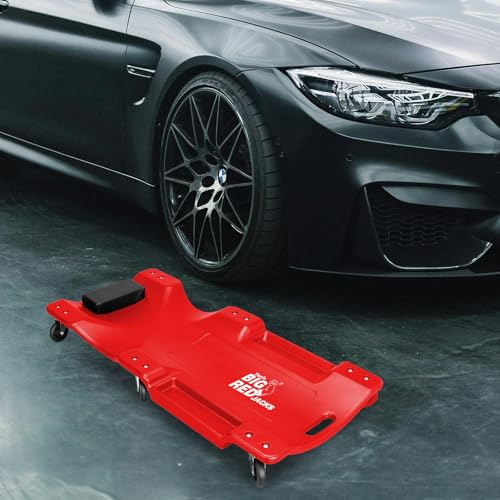 Big RED Torin Blow Molded Plastic Rolling Garage/Shop Creeper: 40" Mechanic Cart with Padded Headrest, Dual Tool Trays and 6 Casters, Red