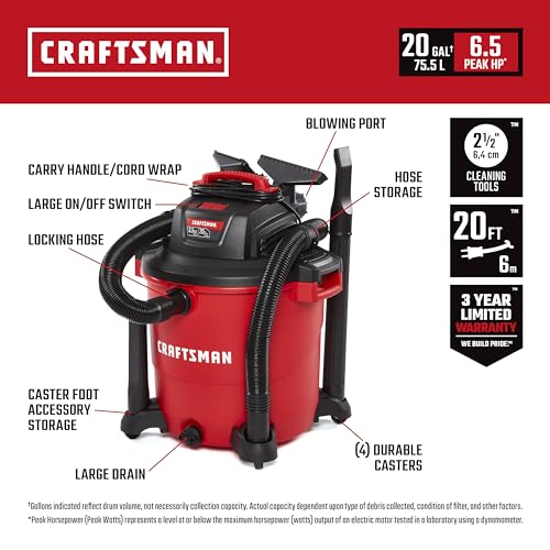 CRAFTSMAN CMXEVBE17596 20 Gallon 6.5 Peak HP Wet Dry Vac, Heavy-Duty Shop Vacuum Wet and Dry with Filter, Dust Bag, Hose and Attachments for Shop, Garage, Jobsite Cleaning