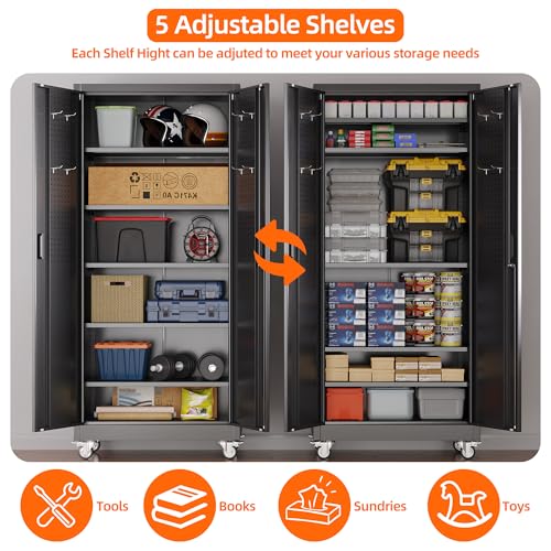 SUXXAN Metal Storage Cabinet with Wheels and Pegboard, 71" Tall Industrial Heavy Duty Steel Cabinet with 5 Adjustable Shelves & Locking Doors for Garage, Office, Pantry, Warehouse, Black