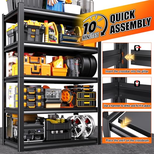 KORVENA 71.2''H /35.4''W Storage Shelves Adjustable Garage Shelving,Heavy Duty Shelving Unit,5T Tall Garage Shelves，Metal Standing Shelf Units,Utility Rack for Kitchen Warehouse Industrial Basement