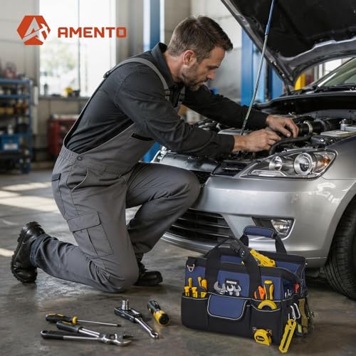 Amento 16-Inch Heavy Duty Tool Bag, 22 Pockets Empty Tool Box Organizer Storage, Soft Tote Toolbox Organization Portable Handle Carrying Work Toolbag, Father Day Gifts Men Electrician Mechanic, Blue