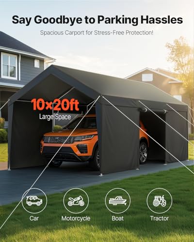 VEVOR Upgraded 10x20 FT Heavy Duty Carport Canopy with Roll-up Windows, All-Season Portable Garage with Removable Sidewalls & Doors, 12 Stakes & 12 Ropes, Car Tent for Car, Truck, Boat, Equipment