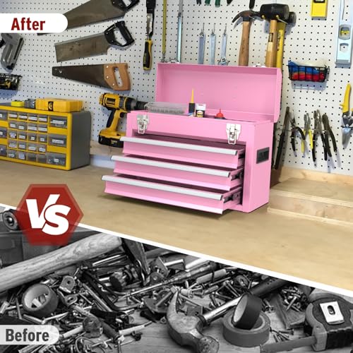 Kieperi 3 Drawers small Tool Box, Portable 3 Drawer Steel Tool Box with Locking System toolbox organization with Liner for Tools Storage (Pink)
