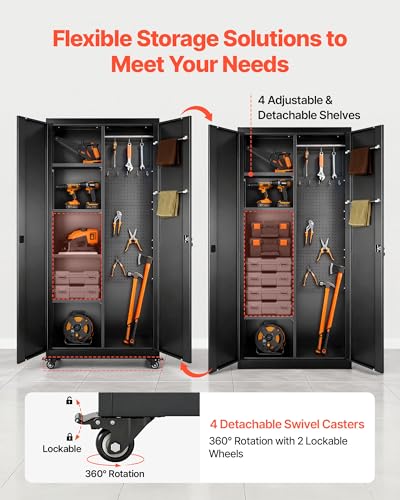 VEVOR Metal Storage Cabinet, 70.6 in Rolling Steel Garage Cabinet with Adjustable Shelves, 2 Magnetic Doors, Hanging Rod & 3 Rod Hooks, 5 Tiers Lockable Tool Storage for Pantry, Warehouse, Basement