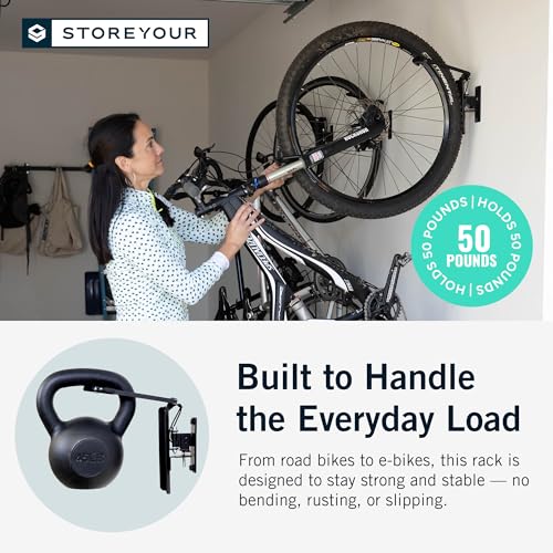 StoreYourBoard Bike Hangers for Garage | Garage Bike Rack Wall Mount, Vertical Bicycle Rack for Garage | 124° Swivel Bike Wall Mount with Stopper, Holds 50lbs, Fits All Wheel Diameters, Max 2.6” Tires