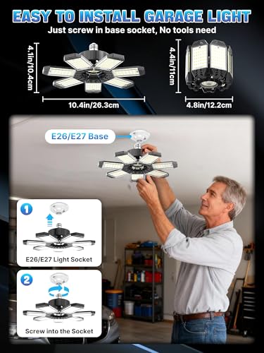 HAPYLUMI LED Garage Light 200W, 2 Pack 20000LM Bright Garage Lights Ceiling Led with 7 Adjustable Panels, 6500K Shop Lighting Screw in E26/E27 Bulb Socket, LED Lights for Shop Barn Basement Bay