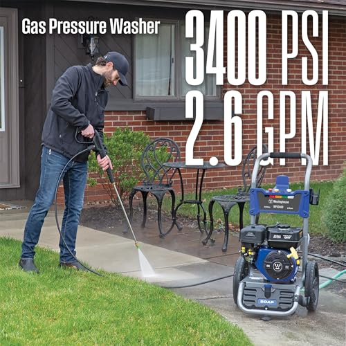 Westinghouse WPX3400 Gas Pressure Washer, 3400 PSI and 2.6 GPM, Onboard Soap Tank, Spray Gun and Wand, 5 Nozzle Set, for Cars/Fences/Driveways/Homes/Patios/Furniture