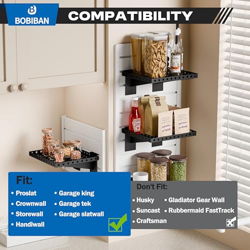 BOBIBAN 2 Pack Slatwall Shelves, Heavy Duty Metal Slat Wall Shelf for Retail, Garage, Home Storage, 20 lbs Load Capacity, Universal Slatwall Accessories(10 x 12 Inch-2, Black)