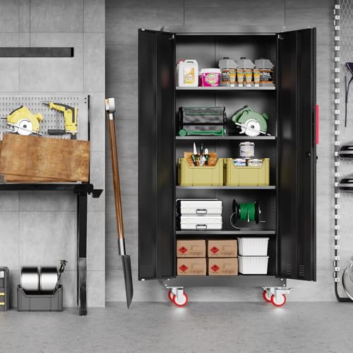 LMTC 71" H Garage Storage Cabinet with 4 Adjustable Shelves and Wheels, Lockable Metal Storage Cabinet for Garage, Home, Warehouse, Assembly Required,Black