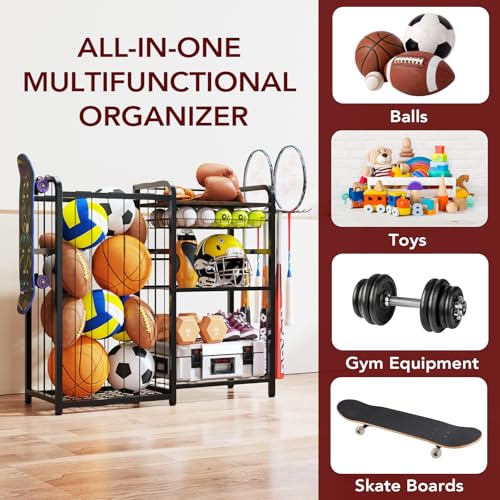 Homsorout Garage Sports Equipment Organizer, Ball Storage for Gear and Toys, Large Capacity, Sports Organizer for Garage with Hooks and Baskets, for golf, Football, Soccer Ball, Bat