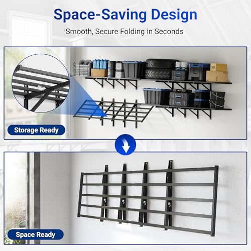 FLEXIMOUNTS Fold-Down 2x6ft Garage Wall Shelving, 2-Pack Heavy Duty Folding Garage Shelving Wall Mounted, 1800 lbs Capacity, Storage for Power Tools, Garden Supplies & Seasonal Storage, Lite Series